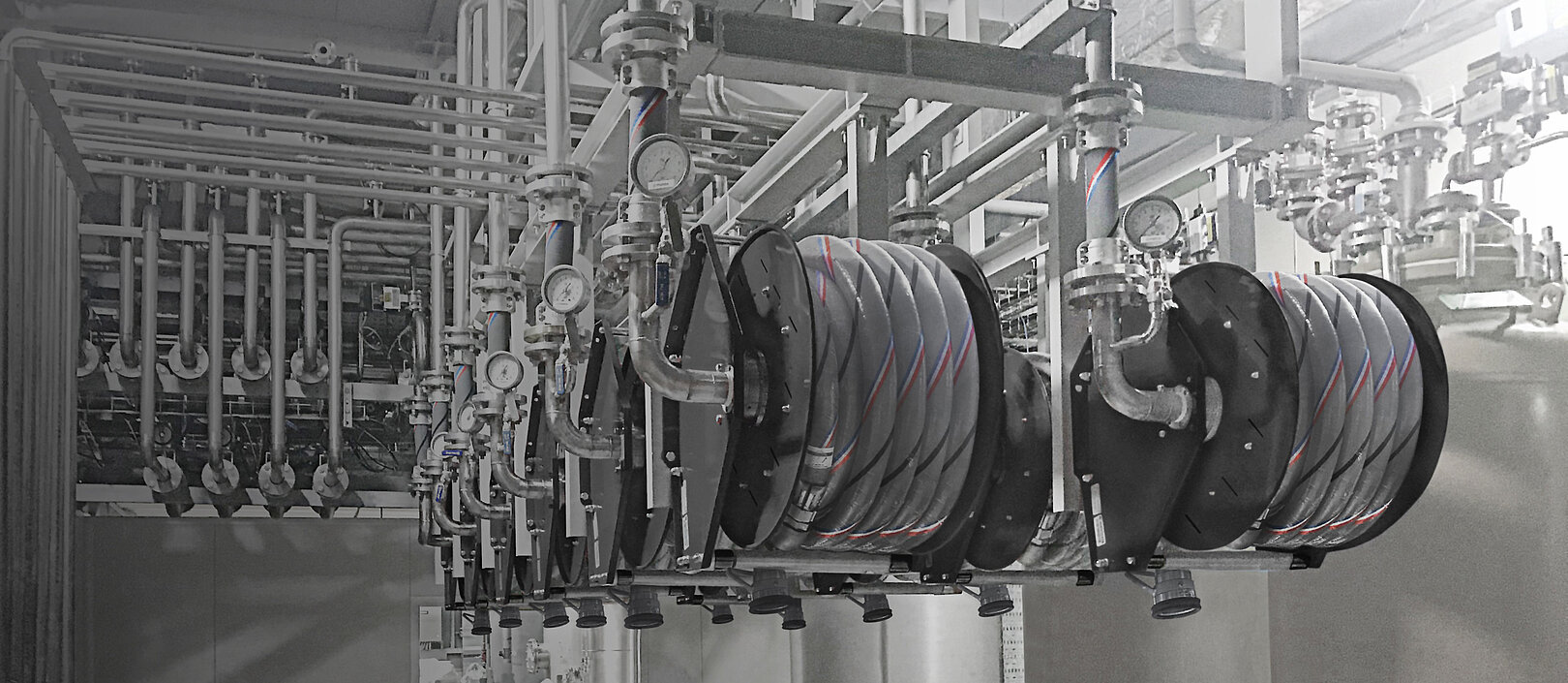 ElaflexUS Hose-Reels Elaflex Compact-Line CL HD DDC Dry-Disconnect-Couplings FEPhose Chemicals Manifold ELAFLEX Hose Reels Installed at Chemical Plant